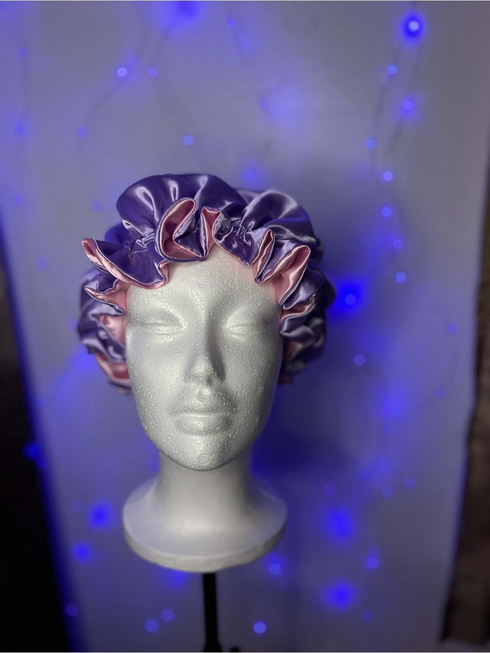 Lavender & Pink Ruffle Edge Satin Bonnet – Double-Sided Sleep Cap for Women